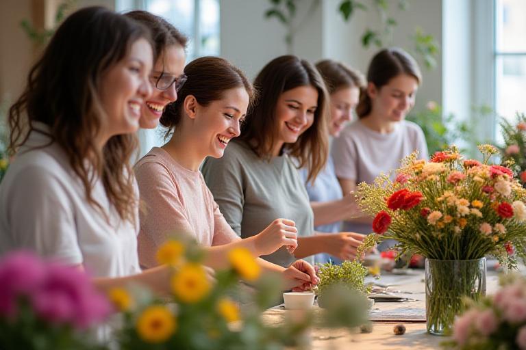 Participants smiling and arranging flowers during a Velvet Vine workshop.